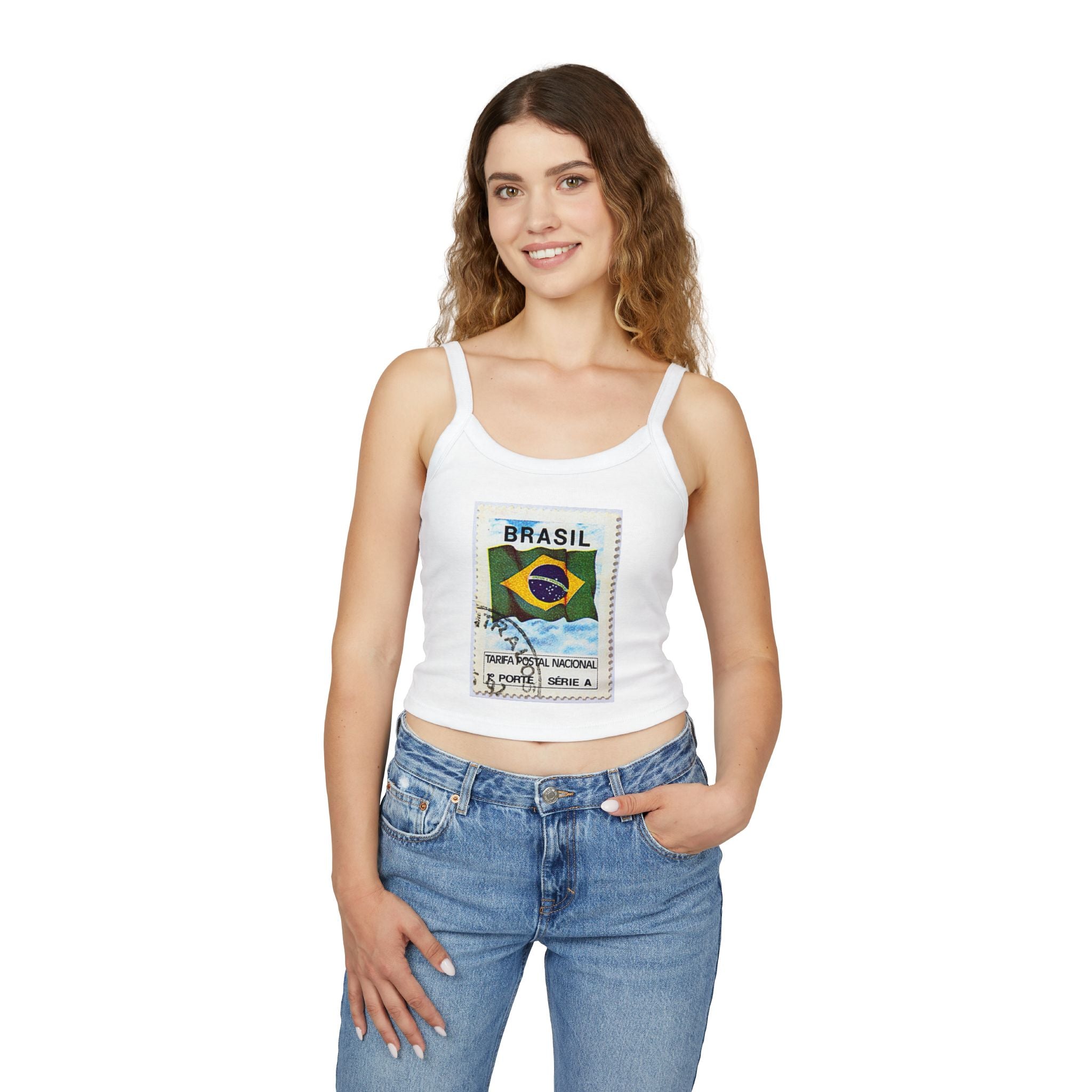 Brazil Flag Stamp Crop Tank Top — Women's Spaghetti Strap Brazil Tee