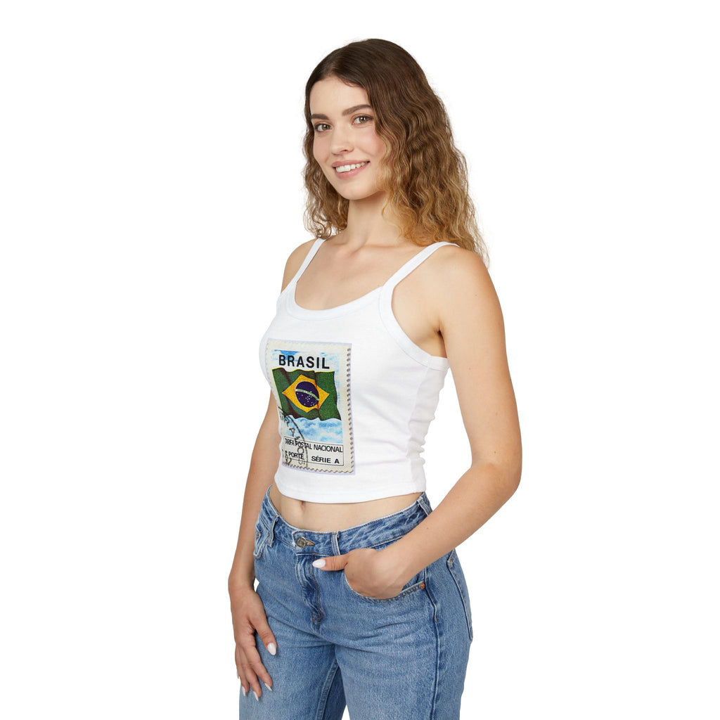 Brazil Flag Stamp Crop Tank Top — Women's Spaghetti Strap Brazil Tee